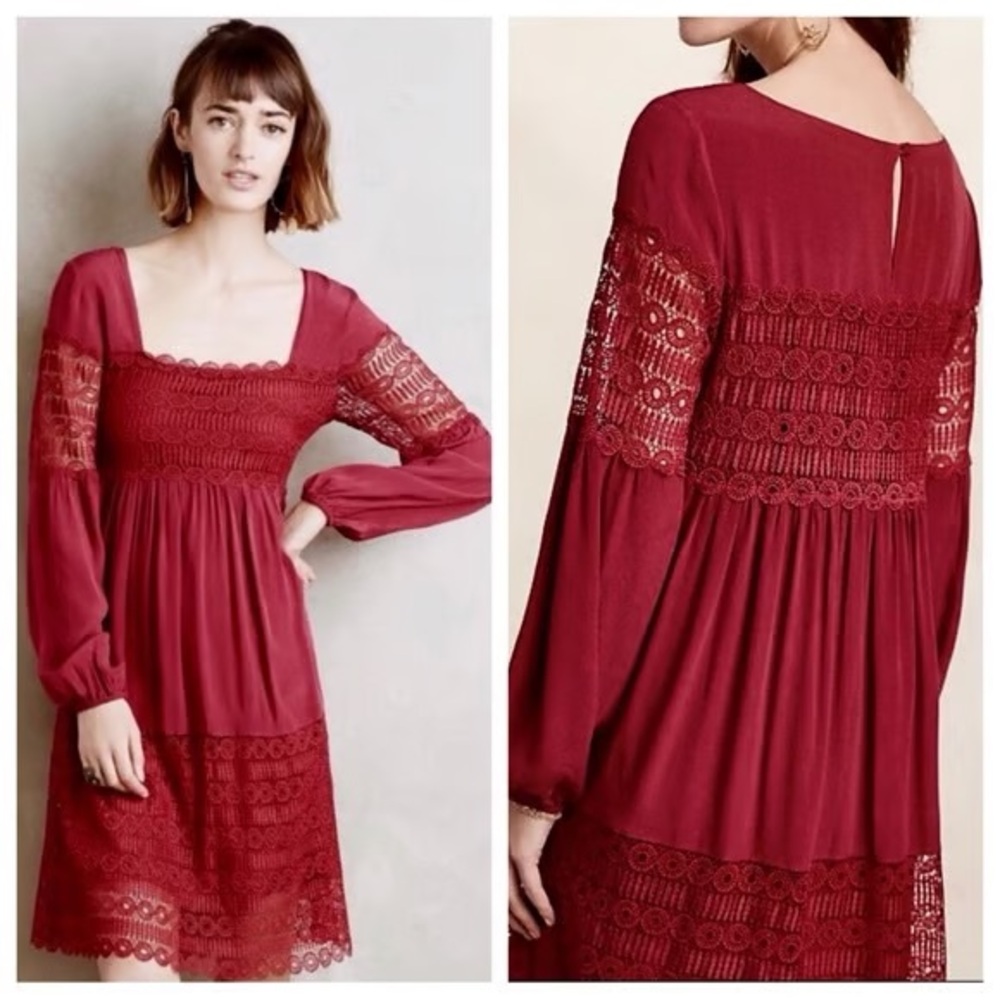 Anthropologie-Floreat Red Long Sleeve Swing Dress